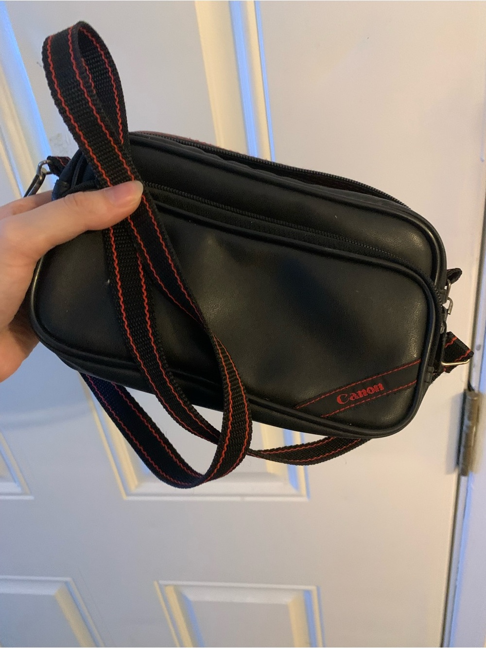 Vintage Canon Camera Bag Black w/Red Accent Stripe Stitching 2 Pockets w/ Strap